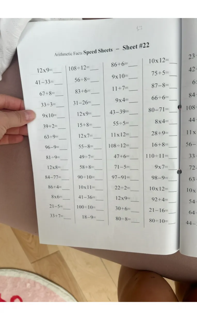 Arithmetic Facts Speed Sheets - Sheet #22