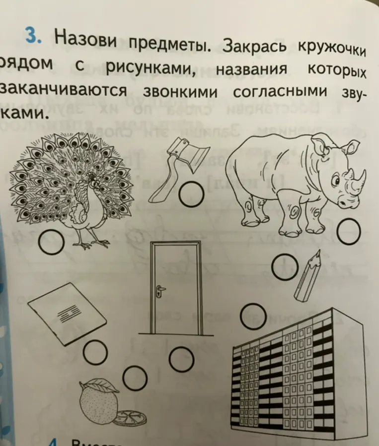 3. Назови предметы. Закрась кружочки рядом с рисунками, названия которых заканчиваются звонкими согласными звуками.