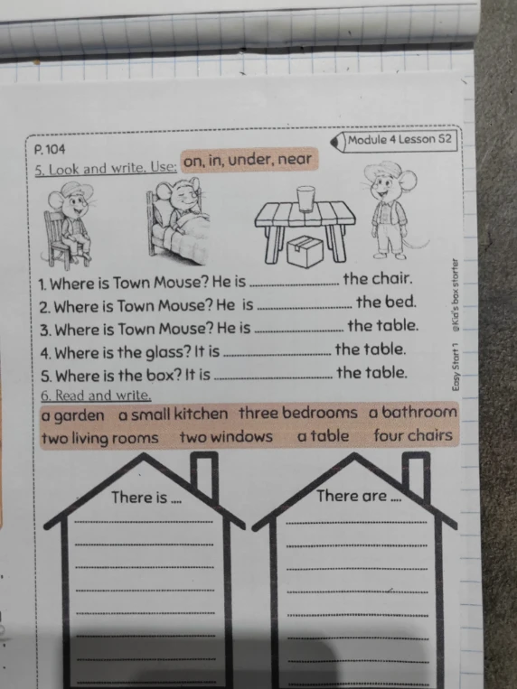 5. Look and write. Use: on, in, under, near