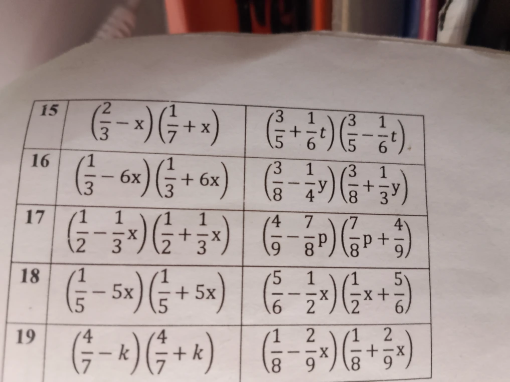 (2/3 - x)(1/7 + x) (3/5 + 1/6t)(3/5 - 1/6t)