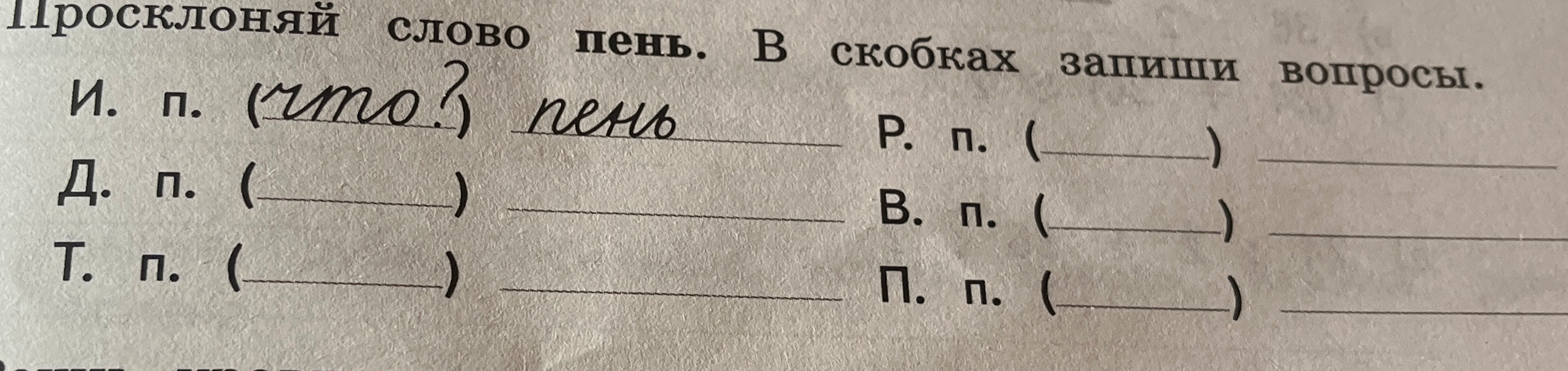 Просклоняй слово пень. В скобках запиши вопросы.