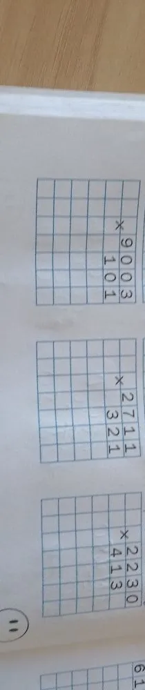 Решите примеры на умножение в столбик: 9003 * 101, 2711 * 321, 2230 * 413.
