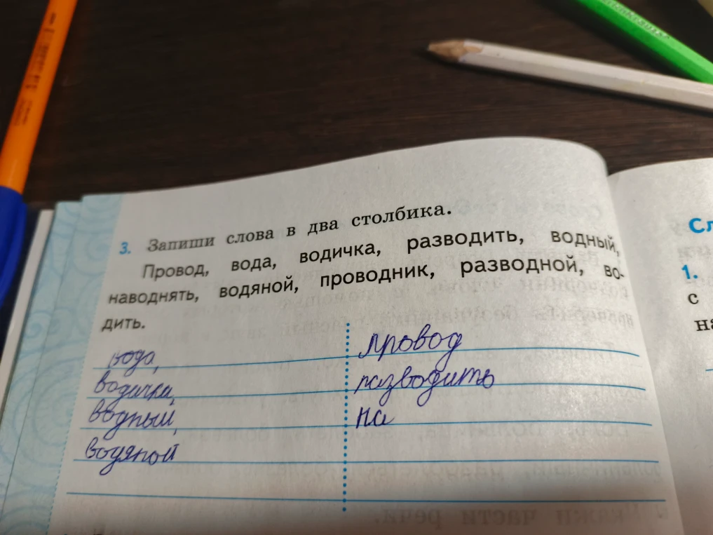 3. Запиши слова в два столбика. Провод, вода, водичка, разводить, водный, наводнять, водяной, проводник, разводной, водить.
