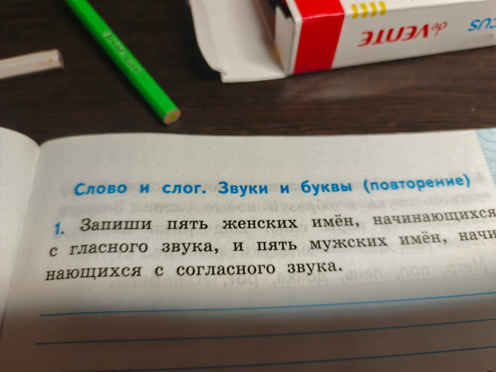 Запиши пять женских имён, начинающихся с гласного звука, и пять мужских имён, начинающихся с согласного звука.
