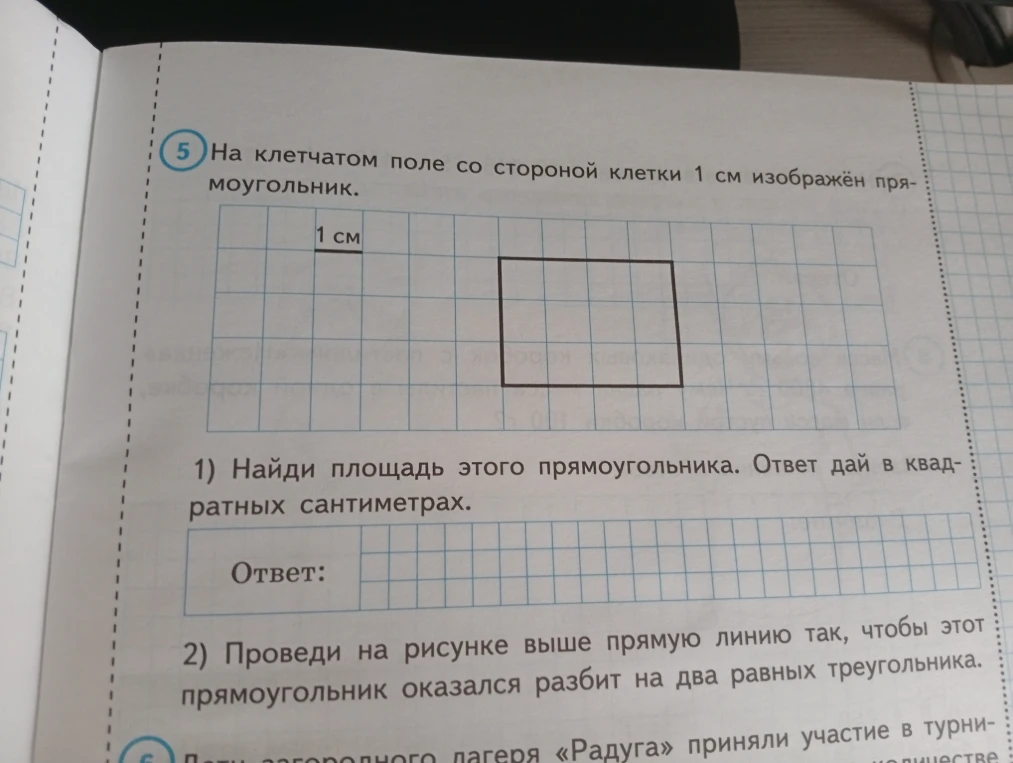 На клетчатом поле со стороной клетки 1 см изображён прямоугольник. 1) Найди площадь этого прямоугольника. Ответ дай в квадратных сантиметрах. 2) Проведи на рисунке выше прямую линию так, чтобы этот прямоугольник оказался разбит на два равных треугольника.