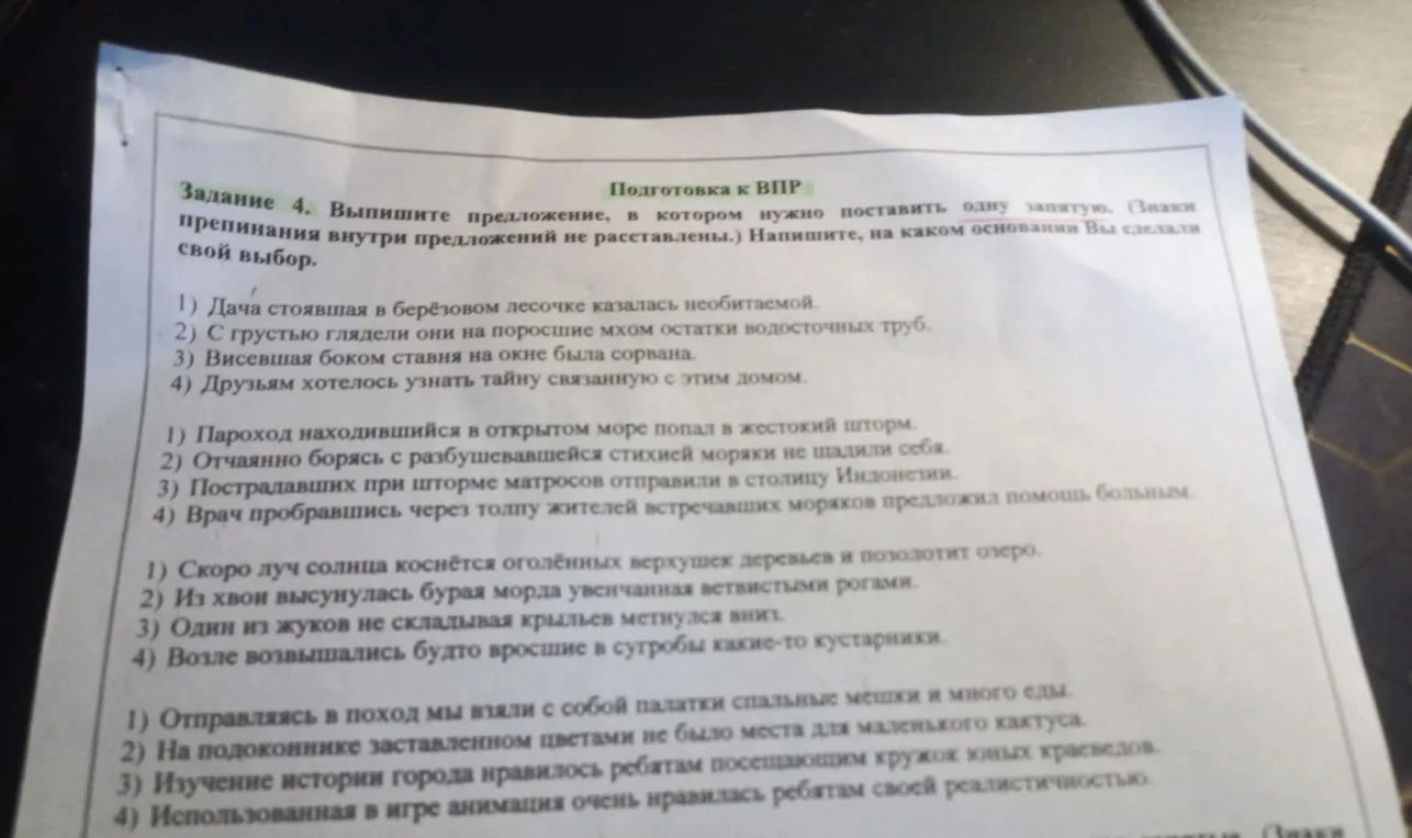 Задание 4. Выпишите предложение, в котором нужно поставить одну запятую. (Знаки препинания внутри предложений не расставлены.) Напишите, на каком основании Вы сделали свой выбор.