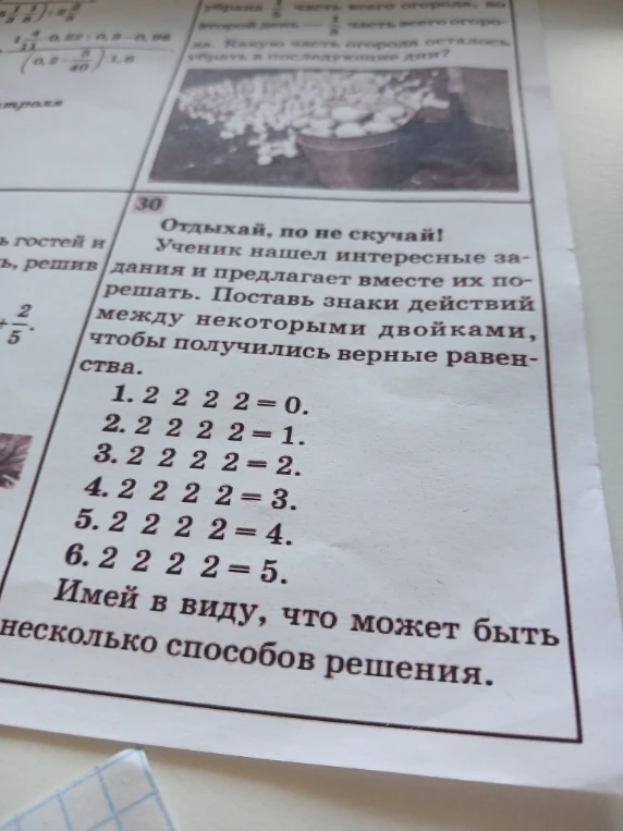 Отдыхай, по не скучай! Ученик нашел интересные задания и предлагает вместе их порешать. Поставь знаки действий между некоторыми двойками, чтобы получились верные равенства.