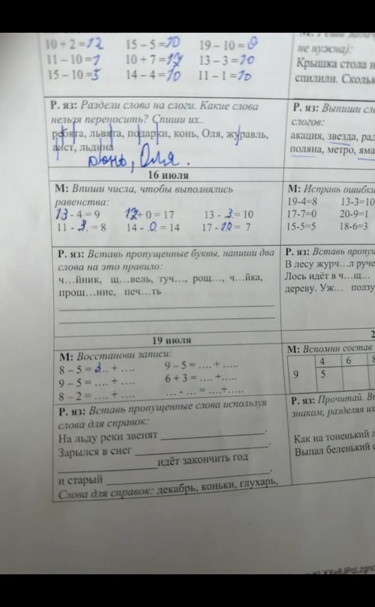 Раздели слова на слоги. Какие слова нельзя переносить? Спиши их.. ребята, львята, подарки, конь, Оля, журавль, аист, льдина