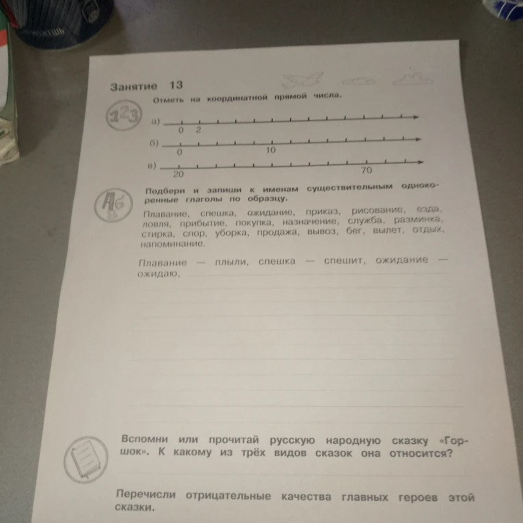 Отметь на координатной прямой числа. Подбери и запиши к именам существительным однокоренные глаголы по образцу. Вспомни или прочитай русскую народную сказку «Горшок». К какому из трёх видов сказок она относится?