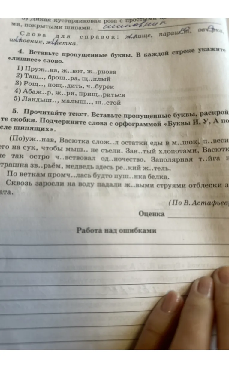 4. Вставьте пропущенные буквы. В каждой строке укажите «лишнее» слово. 5. Прочитайте текст. Вставьте пропущенные буквы, раскройте скобки. Подчеркните слова с орфограммой «Буквы И, У, А после шипящих».
