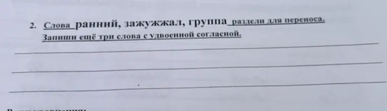 2. Слова ранний, зажужжал, группа раздели для переноса. Запиши ещё три слова с удвоенной согласной.