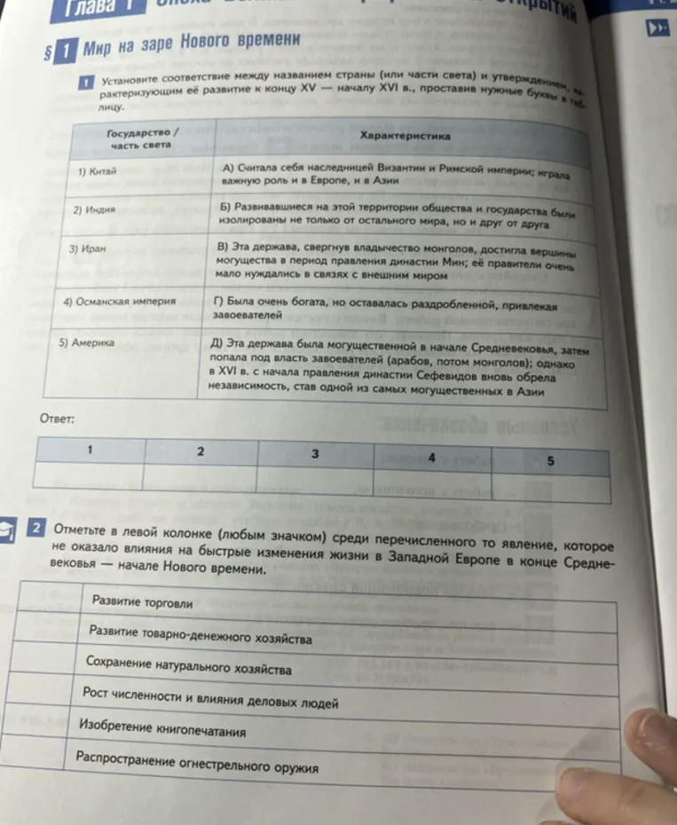 Установите соответствие между названием страны (или части света) и утверждением, характеризующим её развитие к концу XV — началу XVI в., проставив нужные буквы в таблицу.