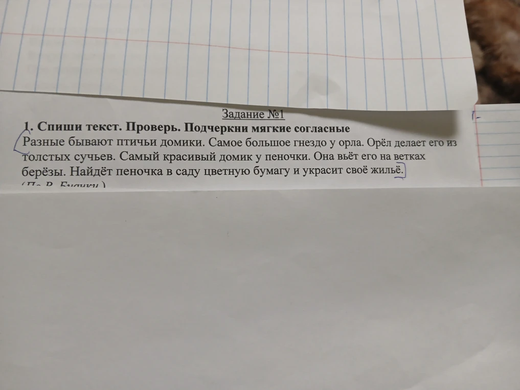 1. Спиши текст. Проверь. Подчеркни мягкие согласные