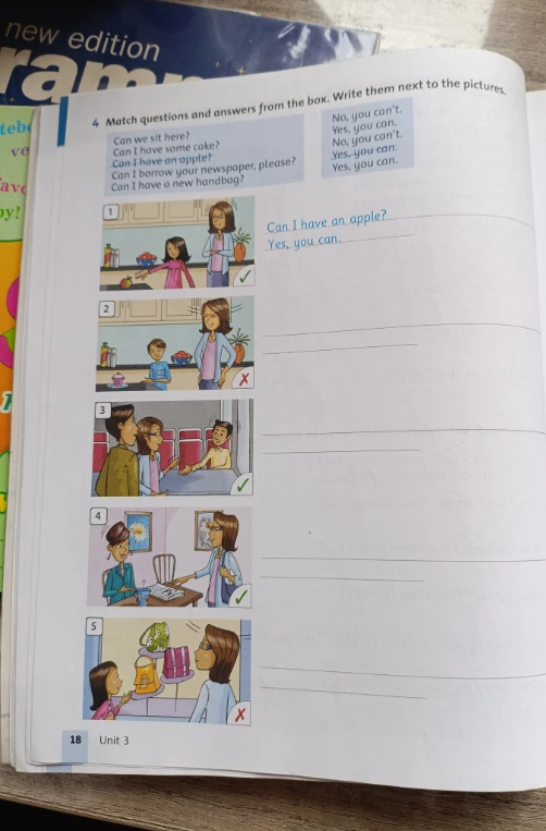 Match questions and answers from the box. Write them next to the pictures.