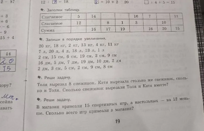 Заполни таблицу. Запиши в порядке увеличения. Реши задачу. Толя вырезал 8 снежинок. Катя вырезала столько же снежинок, сколько и Толя. Сколько снежинок вырезали Толя и Катя вместе?
