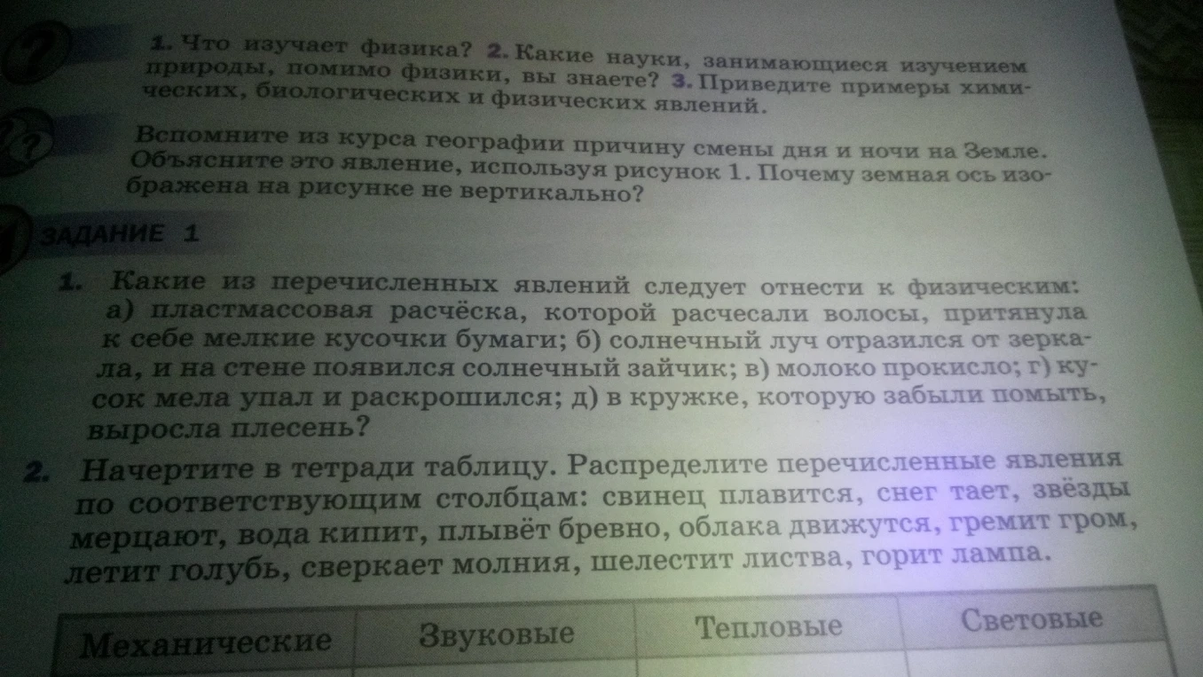 1. Какие из перечисленных явлений следует отнести к физическим: а) пластмассовая расчёска, которой расчесали волосы, притянула к себе мелкие кусочки бумаги; б) солнечный луч отразился от зеркала, и на стене появился солнечный зайчик; в) молоко прокисло; г) кусок мела упал и раскрошился; д) в кружке, которую забыли помыть, выросла плесень?
