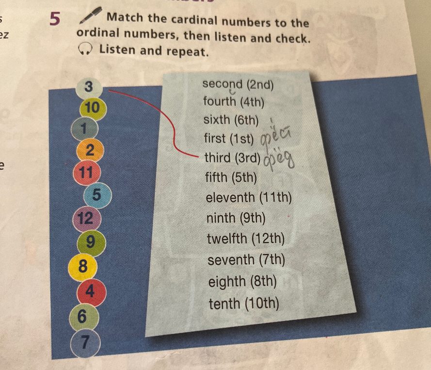 Match the cardinal numbers to the ordinal numbers, then listen and check.