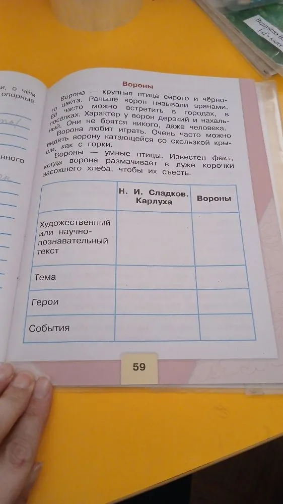 Заполни таблицу: сравни текст "Вороны" из учебника с произведением Н. И. Сладкова "Карлуха".