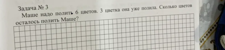 Маше надо полить 6 цветов. 3 цветка она уже полила. Сколько цветов осталось полить Маше?