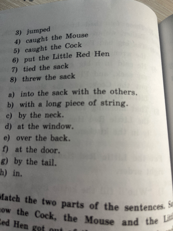 Match the two parts of the sentences. Show how the Cock, the Mouse and the Little Red Hen got out of...