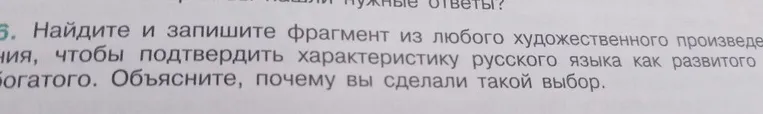 Найдите и запишите фрагмент из любого художественного произведения, чтобы подтвердить характеристику русского языка как развитого и богатого. Объясните, почему вы сделали такой выбор.