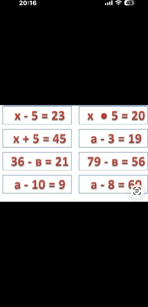 x - 5 = 23, x · 5 = 20, x + 5 = 45, a - 3 = 19, 36 - B = 21, 79 - B = 56, a - 10 = 9, a - 8 = 60