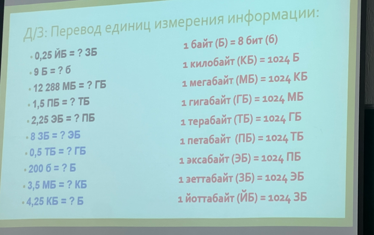 Д/З: Перевод единиц измерения информации: 0,25 ЙБ = ? ЗБ