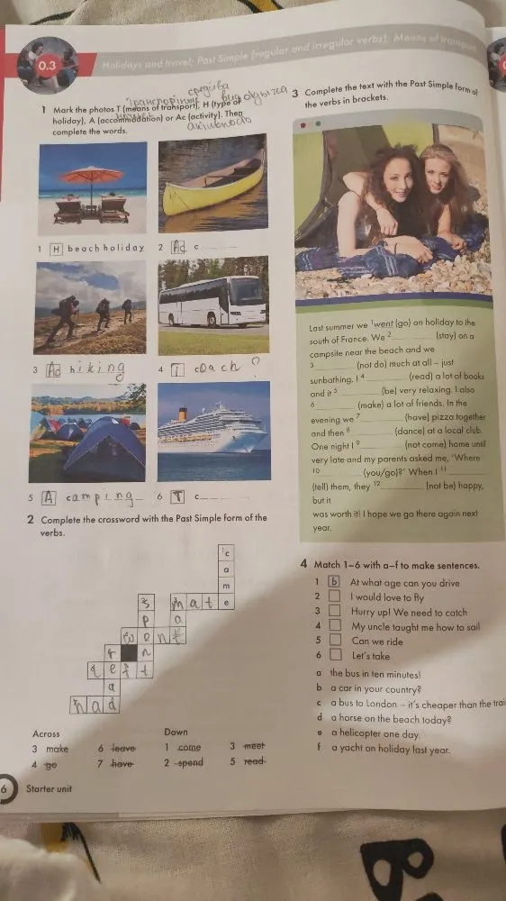 Mark the photos T (means of transport), H (type of holiday), A (accommodation) or Ac (activity). Then complete the words.