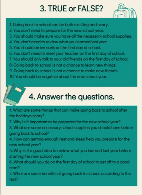 3. TRUE or FALSE? 4. Answer the questions.