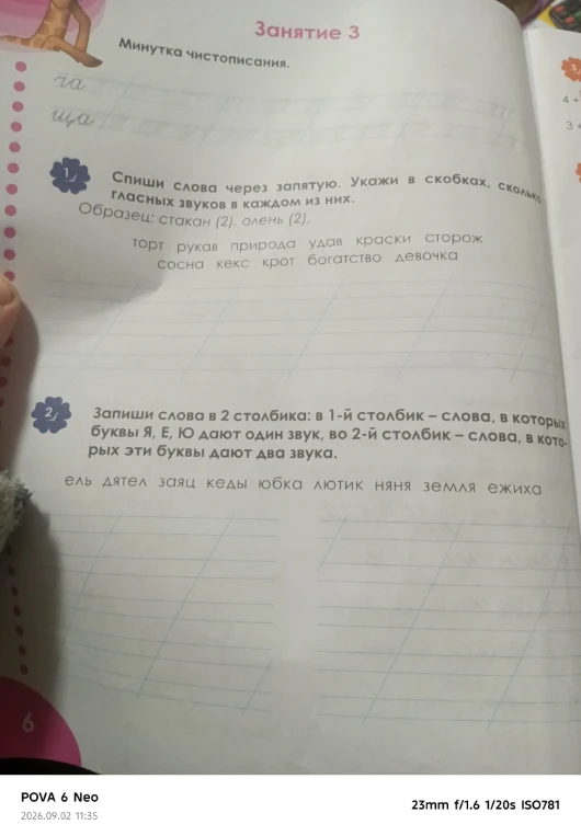 Спиши слова через запятую. Укажи в скобках, сколько гласных звуков в каждом из них.