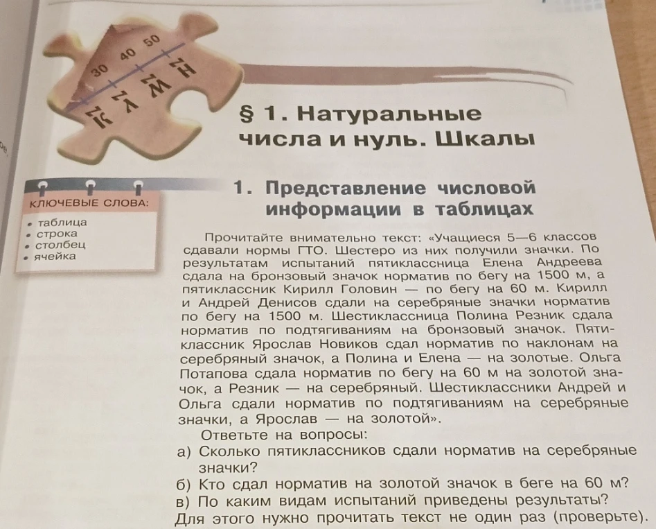 Прочитайте внимательно текст: «Учащиеся 5—6 классов сдавали нормы ГТО. Шестеро из них получили значки. По результатам испытаний пятиклассница Елена Андреева сдала на бронзовый значок норматив по бегу на 1500 м, а пятиклассник Кирилл Головин — по бегу на 60 м...»