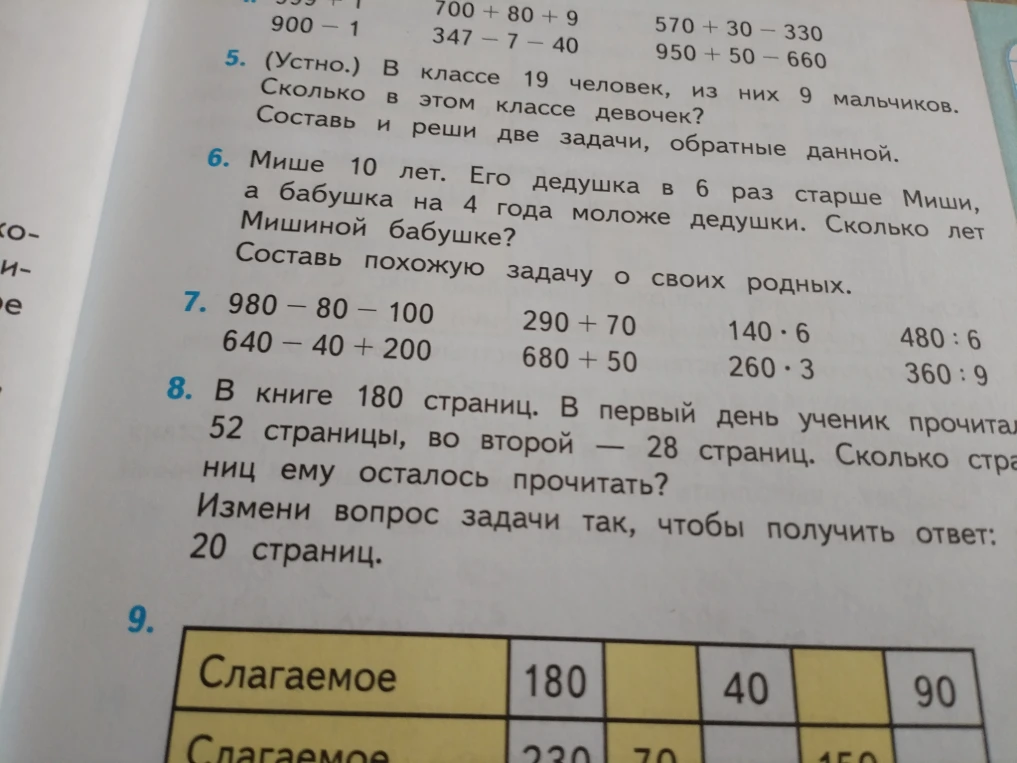 5. (Устно.) В классе 19 человек, из них 9 мальчиков. Сколько в этом классе девочек? Составь и реши две задачи, обратные данной.