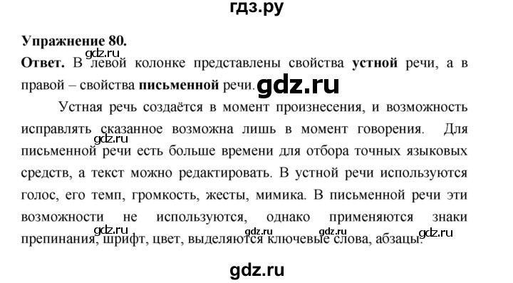 ГДЗ по русскому языку за 5 класс Ладыженская, Баранов, Тростенцова ответ на номер 80, Решебник 2025