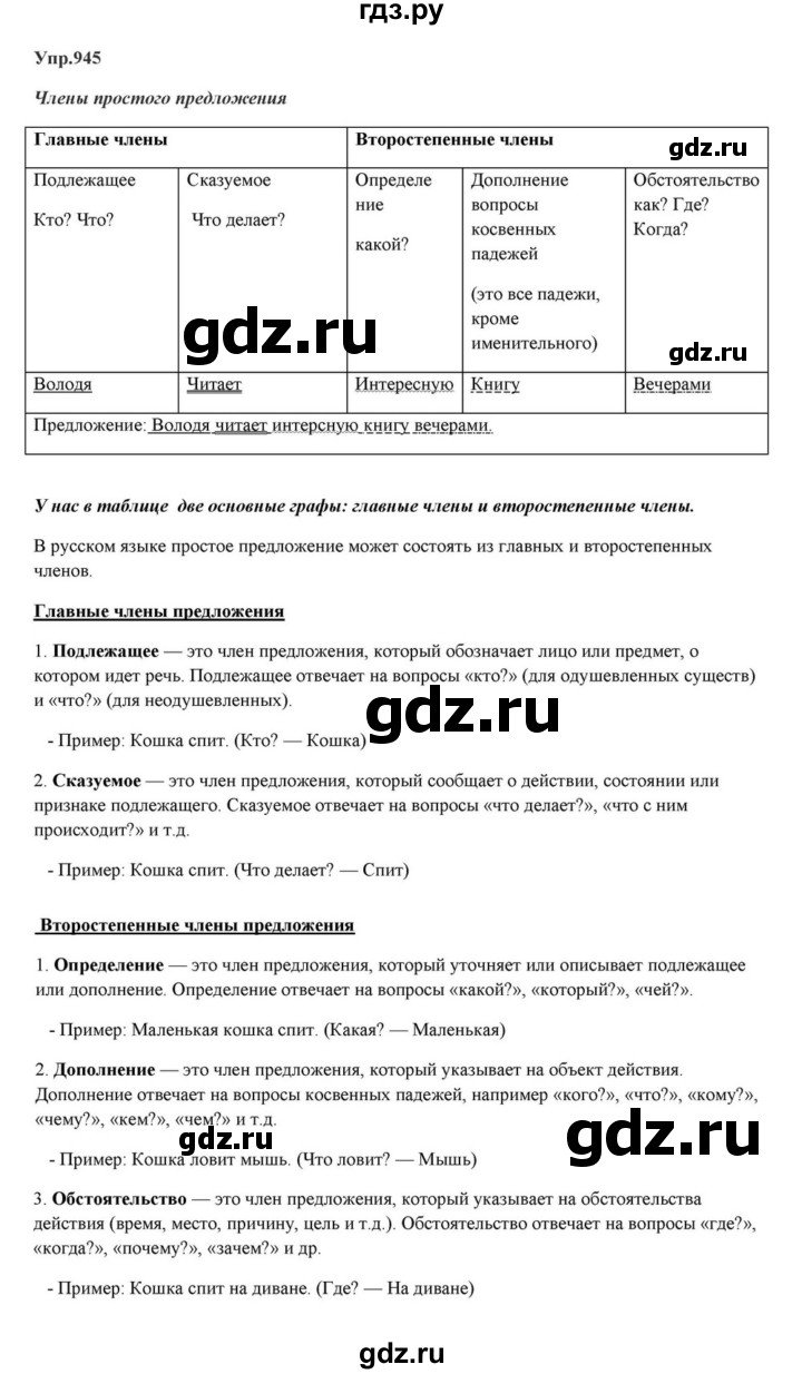 ГДЗ по русскому языку за 5 класс Ладыженская, Баранов, Тростенцова ответ на номер 945, Решебник 2023