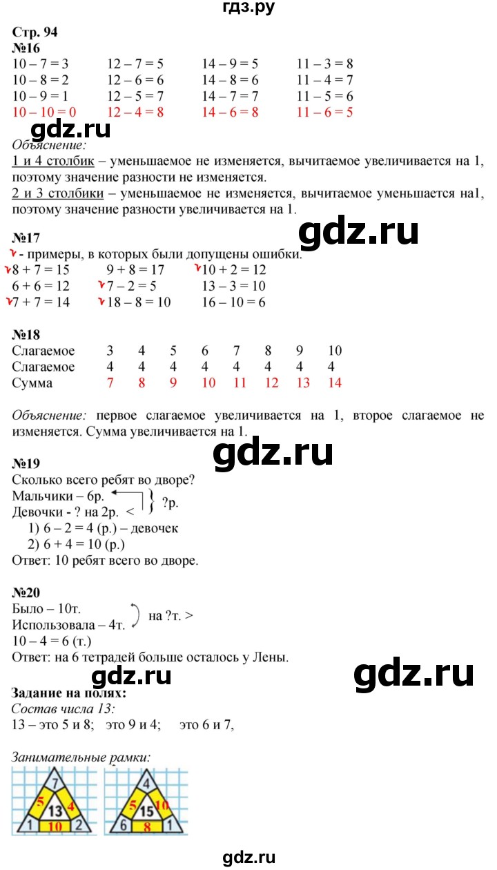 ГДЗ. Номера «Что узнали, чему научились» 16-20, Задания на полях - Страница 94 — Математика 1 класс Моро часть 2, Решебник 2026