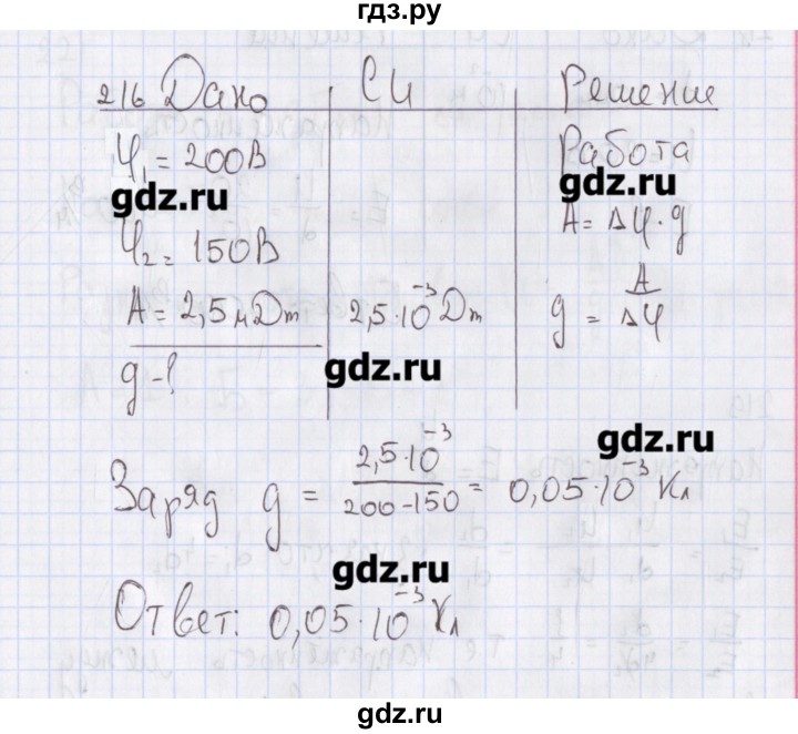 ГДЗ по физике 10 класс Пурышева рабочая тетрадь Базовый уровень задача - 216, Решебник №2