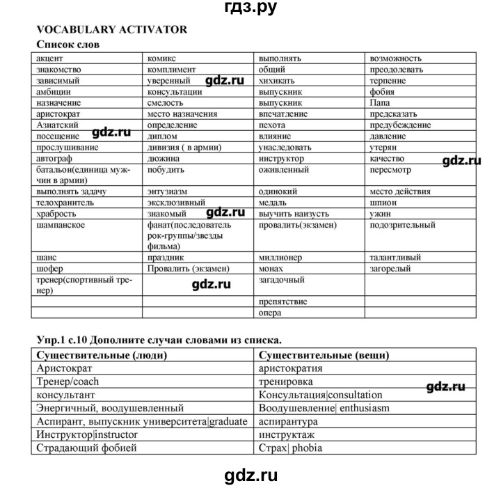 ГДЗ Unit 1 / Vocabulary Activator 1 Английский Язык 10 Класс.