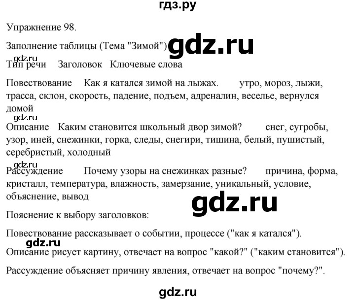 ГДЗ по русскому языку 5 класс Рыбченкова   часть 1 / упражнение - 98, Решебник 2024