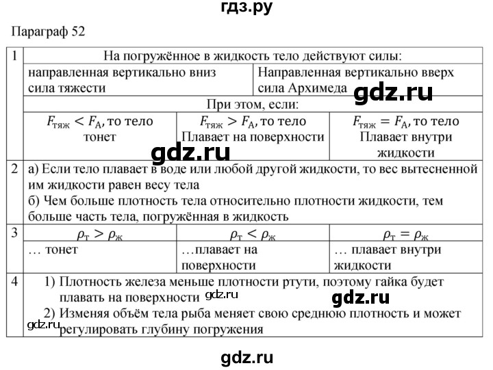 ГДЗ по физике 7 класс Перышкин рабочая тетрадь  § - 52, Решебник 2024