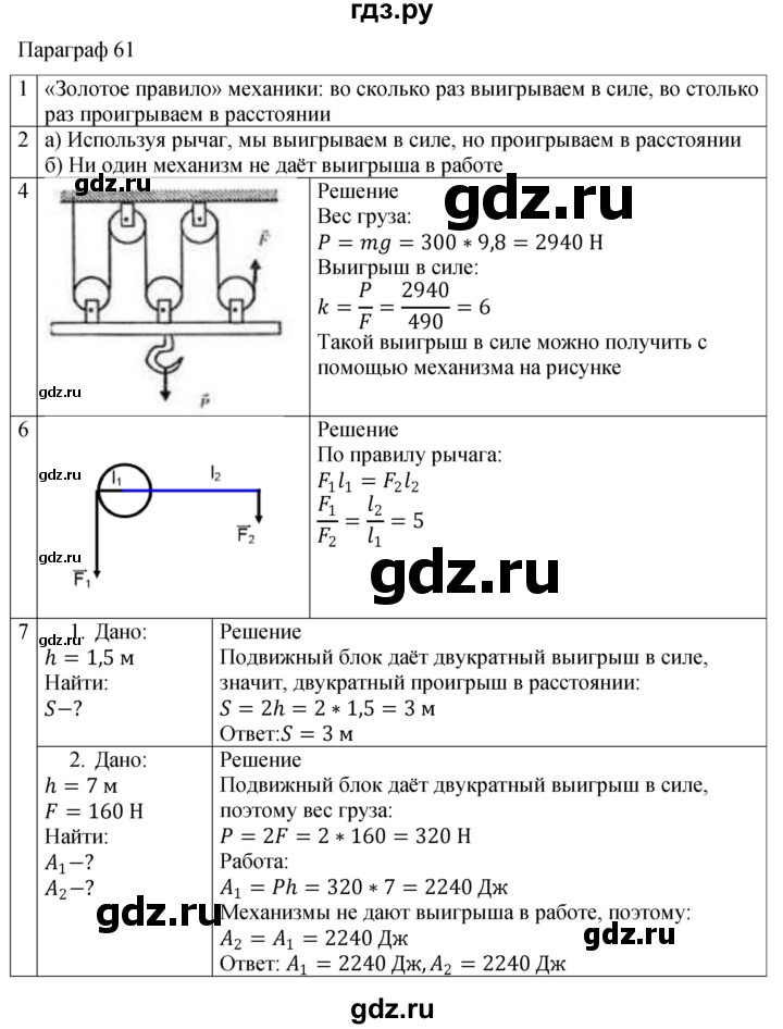 ГДЗ по физике 7 класс Перышкин рабочая тетрадь  § - 61, Решебник 2024