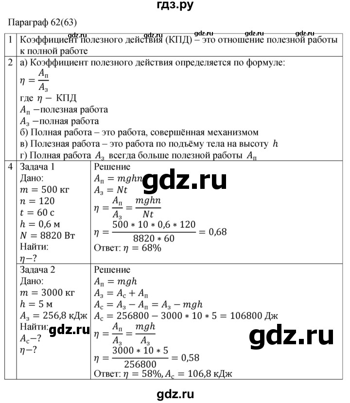 ГДЗ по физике 7 класс Перышкин рабочая тетрадь  § - 62(63), Решебник 2024