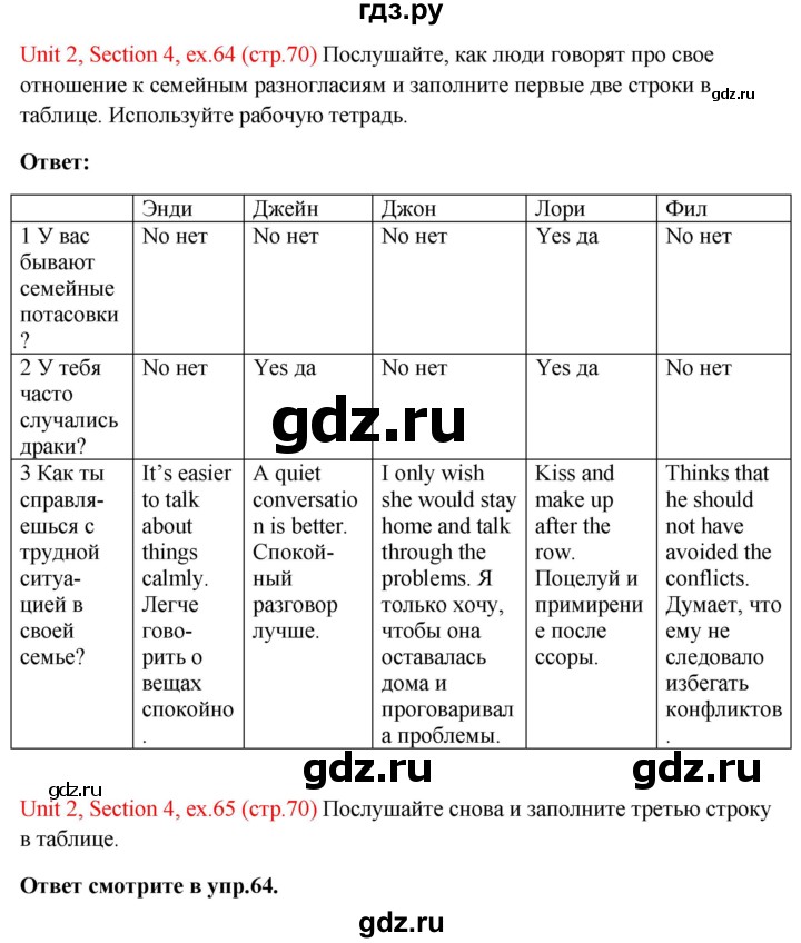 ГДЗ по английскому языку 10 класс Биболетова Enjoy English  страница - 70, Решебник №1 2016