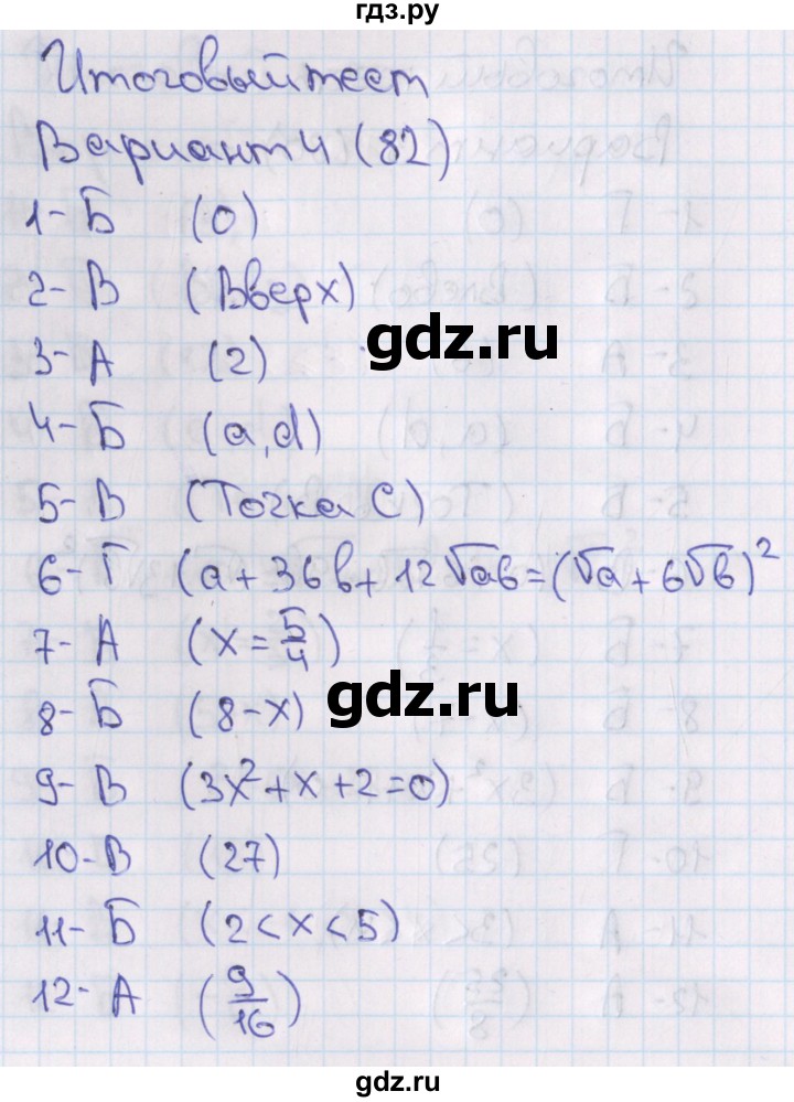 ГДЗ по алгебре 7‐9 класс Мордкович тесты Базовый уровень 8 класс / итоговый тест. вариант - 4, Решебник 2