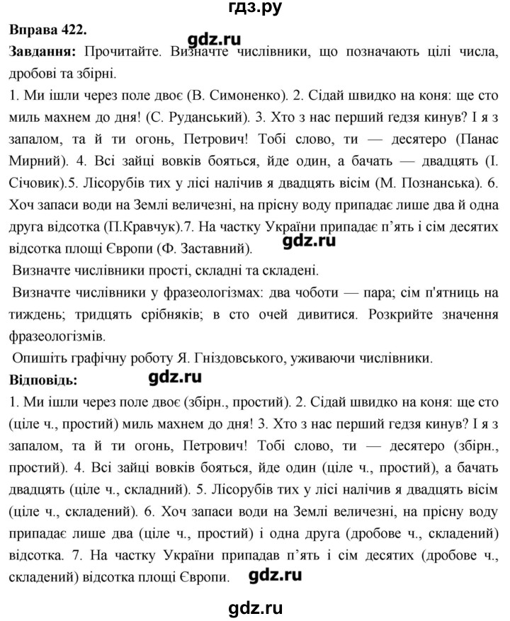 ГДЗ по украинскому языку 6 класс Глазова   вправа - 422, Решебник