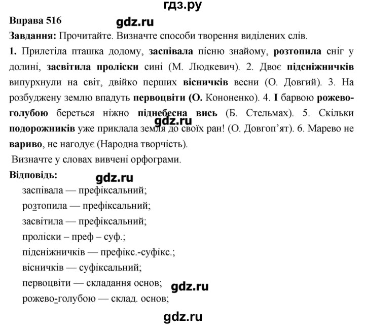 ГДЗ по украинскому языку 6 класс Глазова   вправа - 516, Решебник