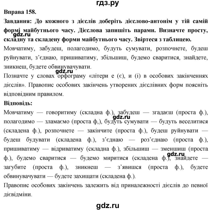 ГДЗ Вправа 158 Украинский Язык 7 Класс Глазова