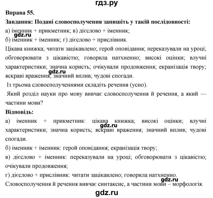 ГДЗ по украинскому языку 7 класс Глазова   вправа - 55, Решебник