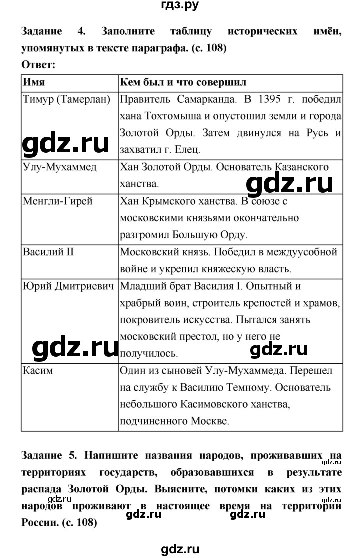 ГДЗ по истории 6 класс Артасов рабочая тетрадь (История России)  страница - 108, Решебник