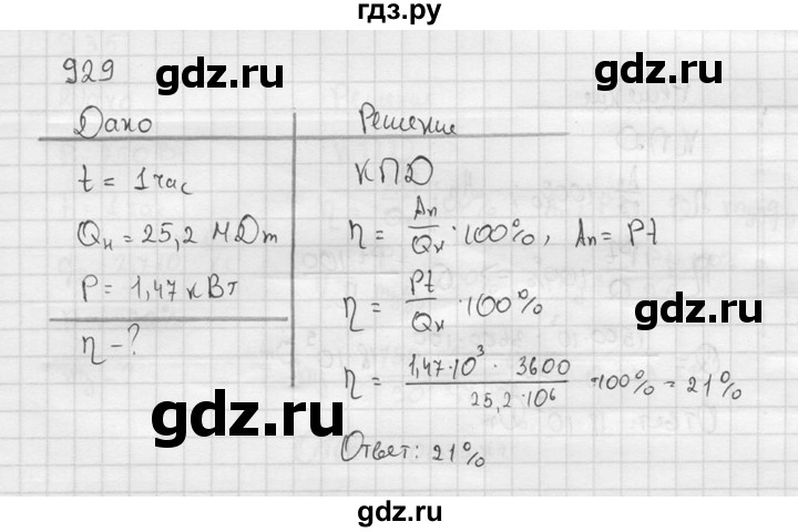 ГДЗ по физике 7‐9 класс  Перышкин Сборник задач  номер - 929, Решебник