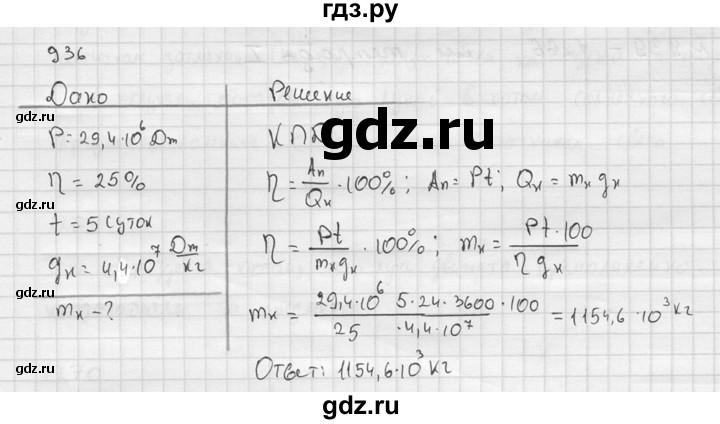 ГДЗ по физике 7‐9 класс  Перышкин Сборник задач  номер - 936, Решебник